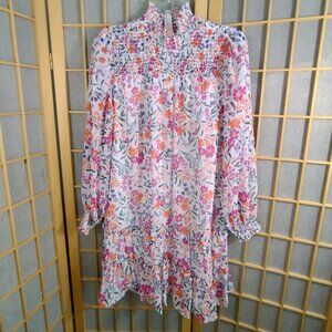 CeCe Long Sleeve Smocked Shift Floral Ruffle Dress Size M NWT